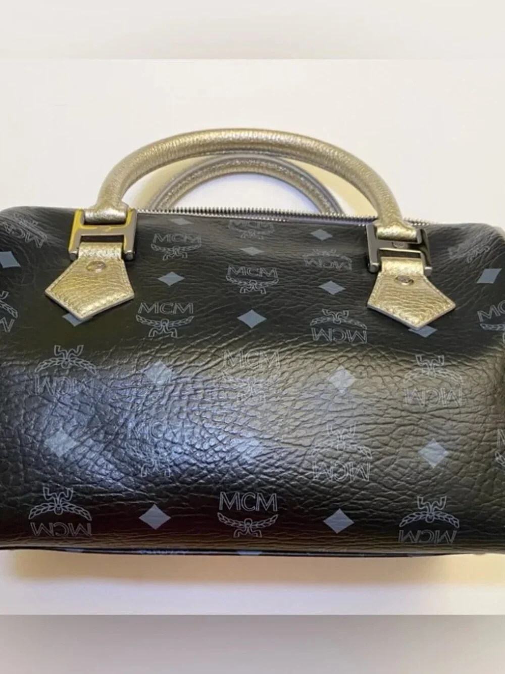 MCM Black Visetos Leather/Snakeskin Embossed Princess Lion Boston Bag EUC